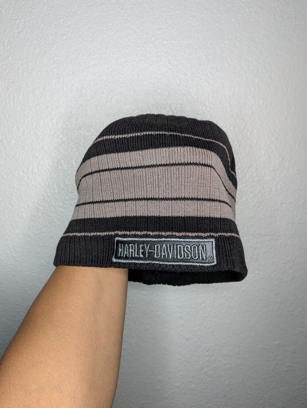 Harley Davidson Black Gray Striped Logo Biker Motorcycle Beanie One Size